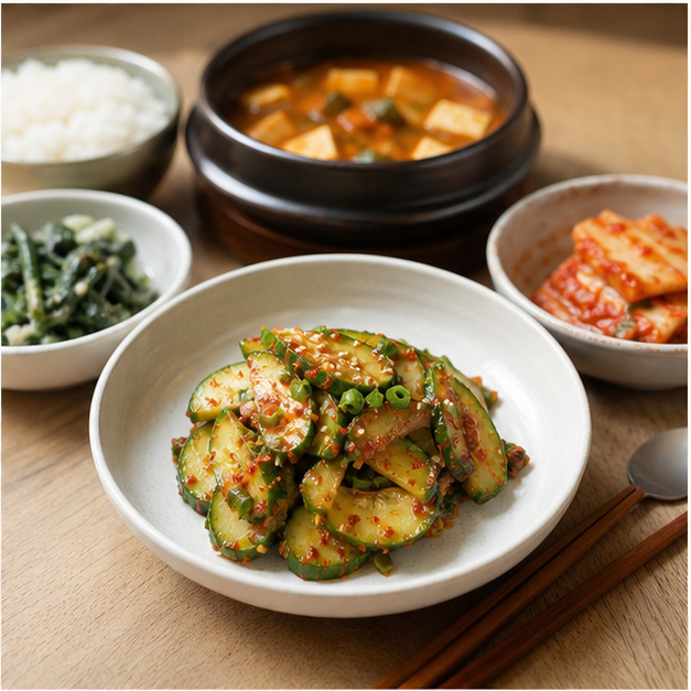 오이무침 한 끼 분량만 접시에 담는 사진