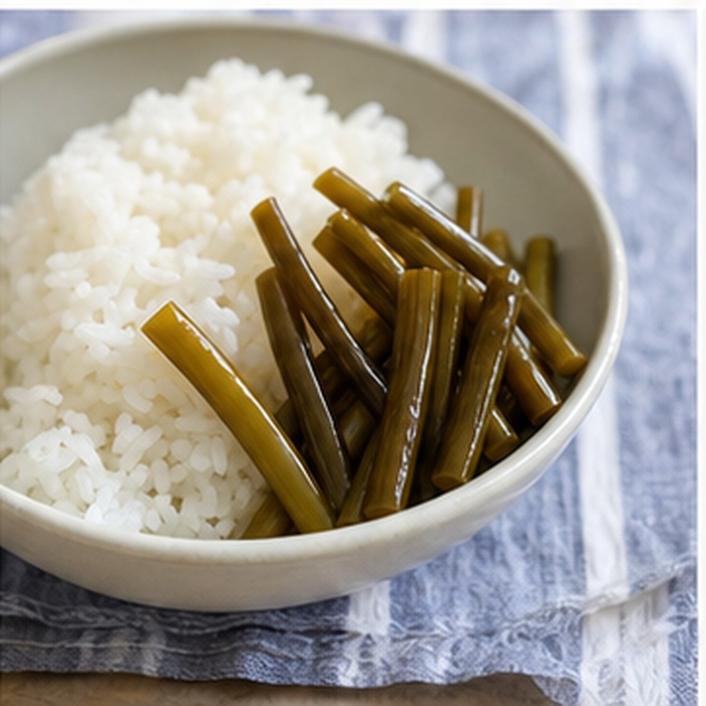 마늘쫑장아찌 밥상에 작은 접시로 담은 완성 장아찌 실사 사진
