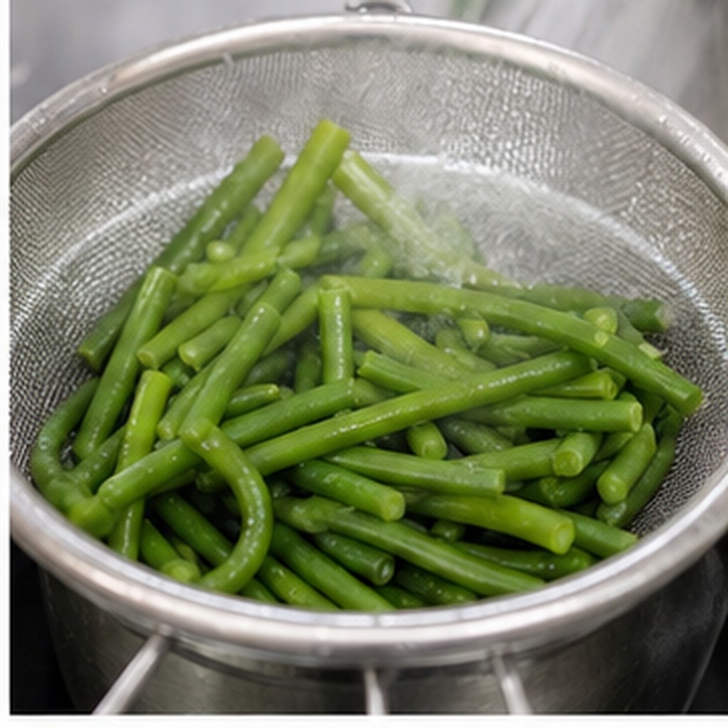 마늘쫑장아찌 데친 줄기를 체에 건져 물기를 빼는 실사 사진