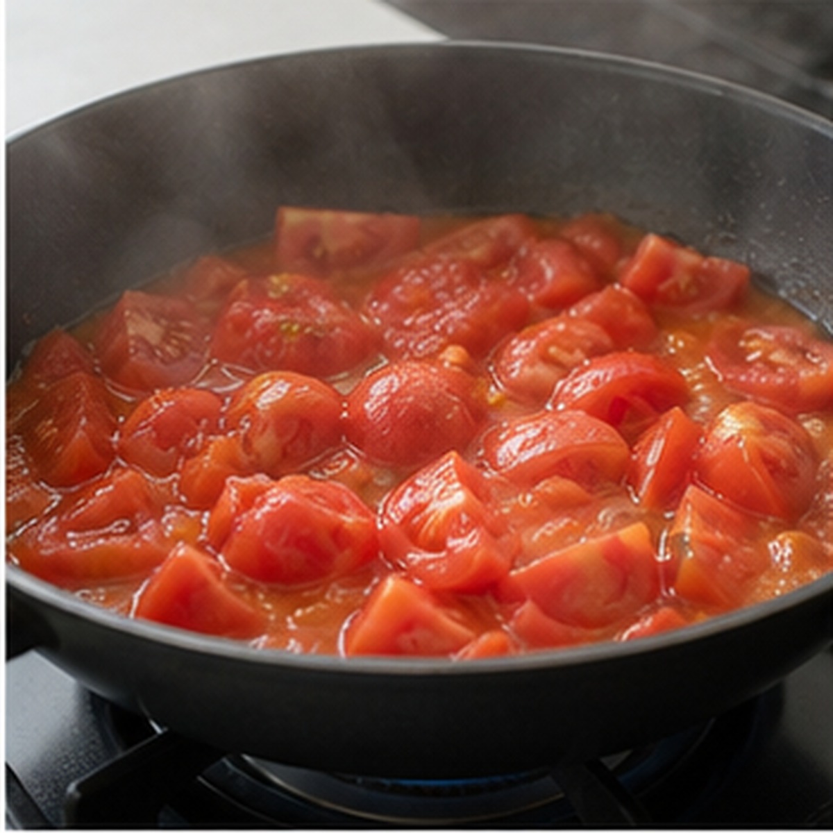 토마토요리 중불 팬에서 토마토를 익히는 실사 사진