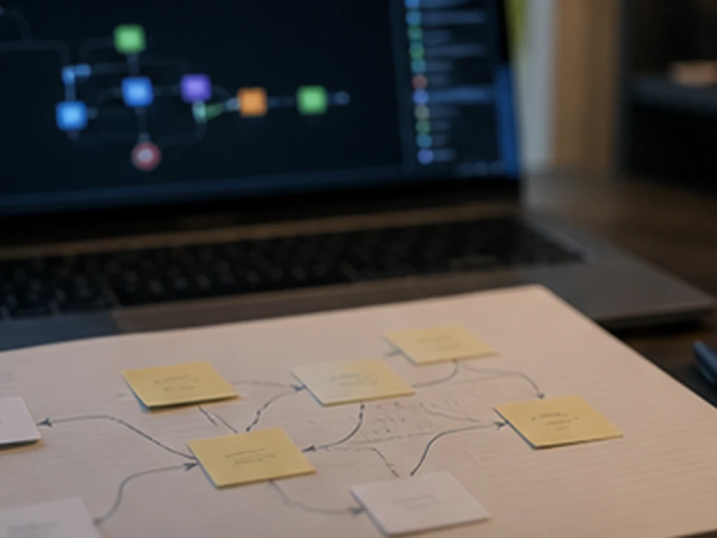 LangGraph realistic technical workspace photo role 3 exact LangGraph workflow no readable text no logos