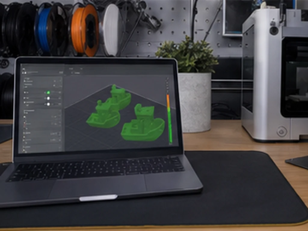 BambuStudio realistic technical workspace photo role 11 exact BambuStudio workflow no readable text no logos