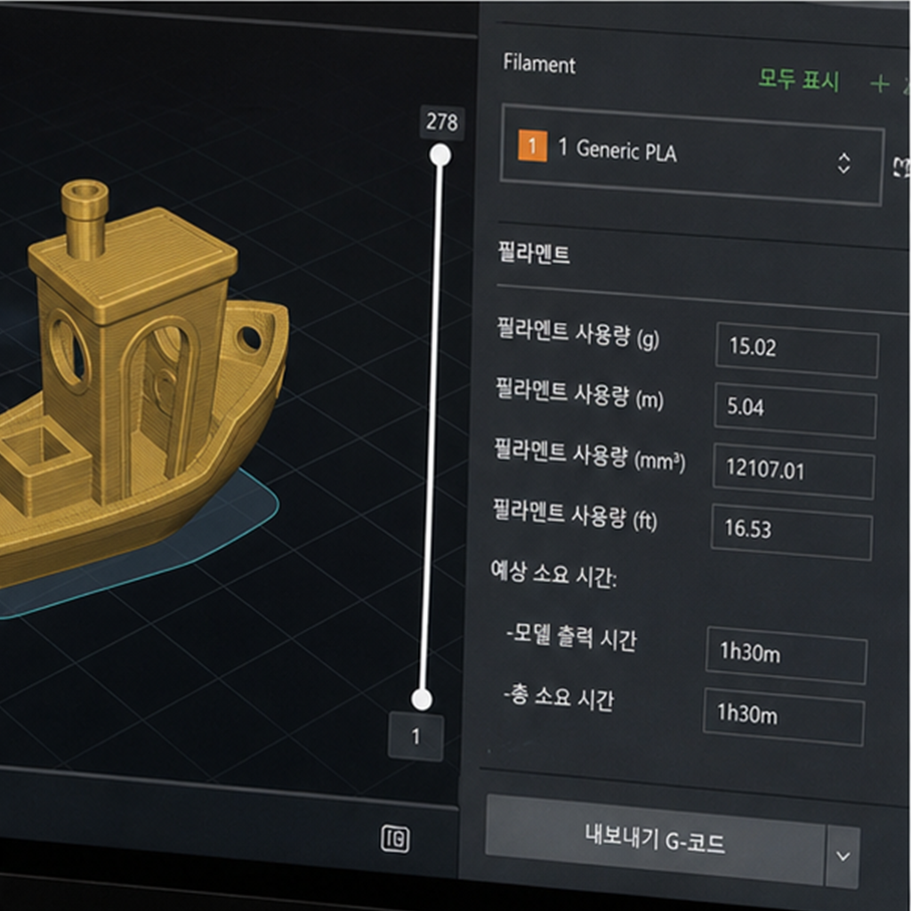 3D 프린터 예상 재료 무게 표시 화면 사진