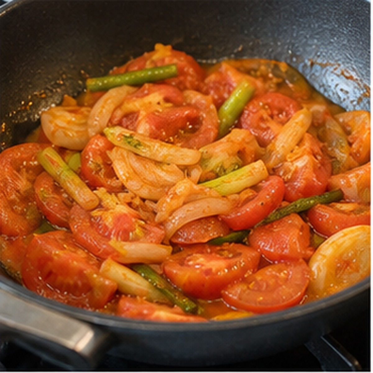 토마토요리 토마토 볶음과 다른 채소를 함께 둔 실사 사진