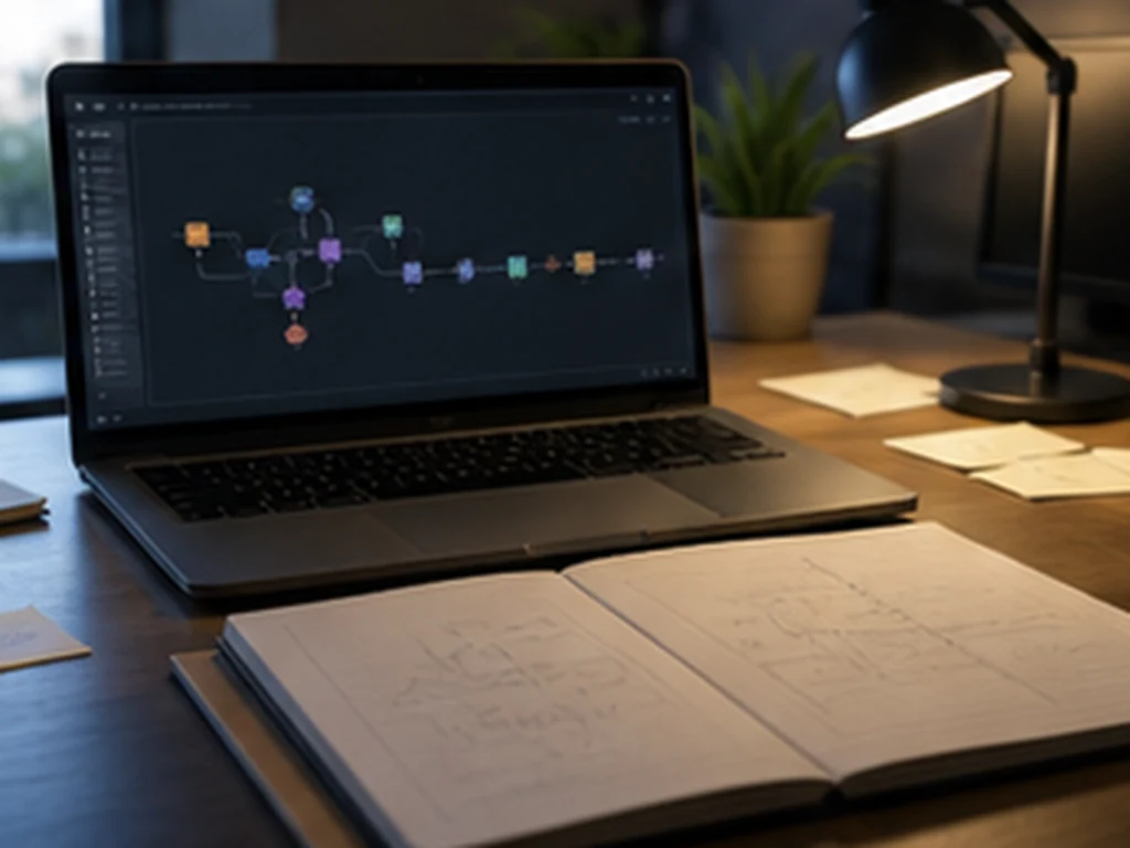LangGraph realistic technical workspace photo role 11 exact LangGraph workflow no readable text no logos