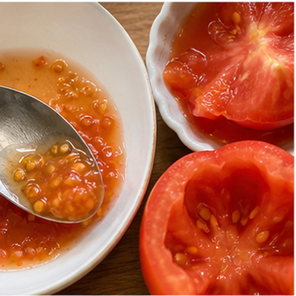 토마토요리 토마토 씨와 물기를 조절하는 실사 사진