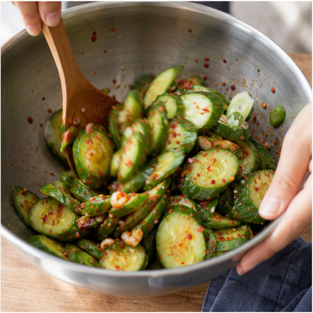 오이무침 큰 볼에서 빠르게 섞는 사진