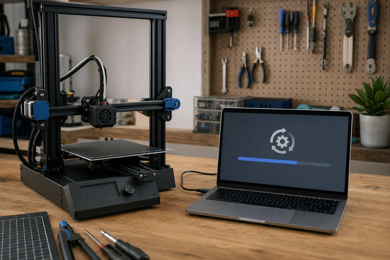 3D 프린터 펌웨어 업데이트 중인 데스크톱 프린터와 노트북 대표 사진