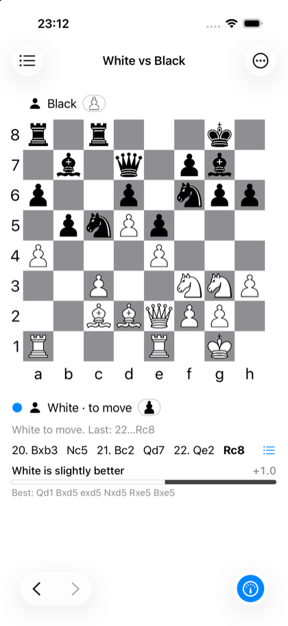 BChess on iPhone with the engine readout on