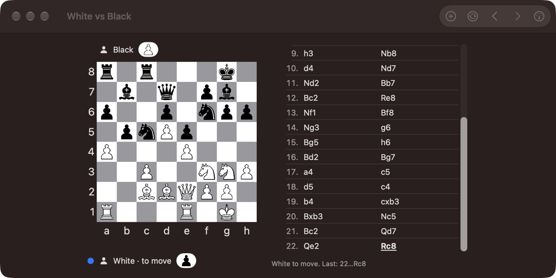 BChess on the Mac in dark mode, with the move list beside the board