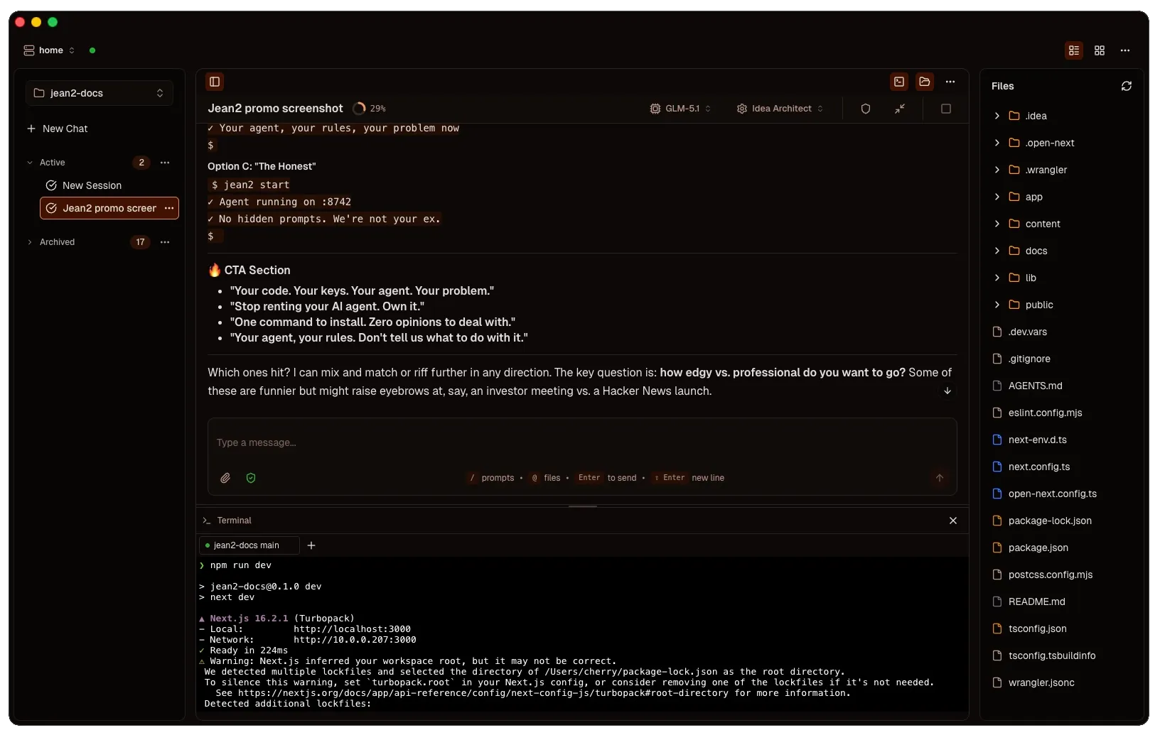 Jean2 desktop client — chat interface, workspace selector, and tool execution