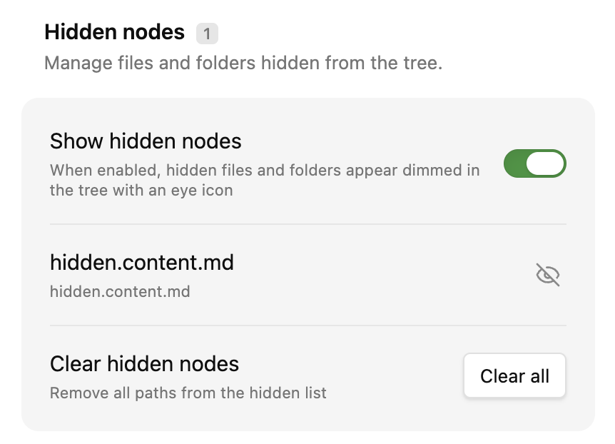 Hidden nodes management section in settings
