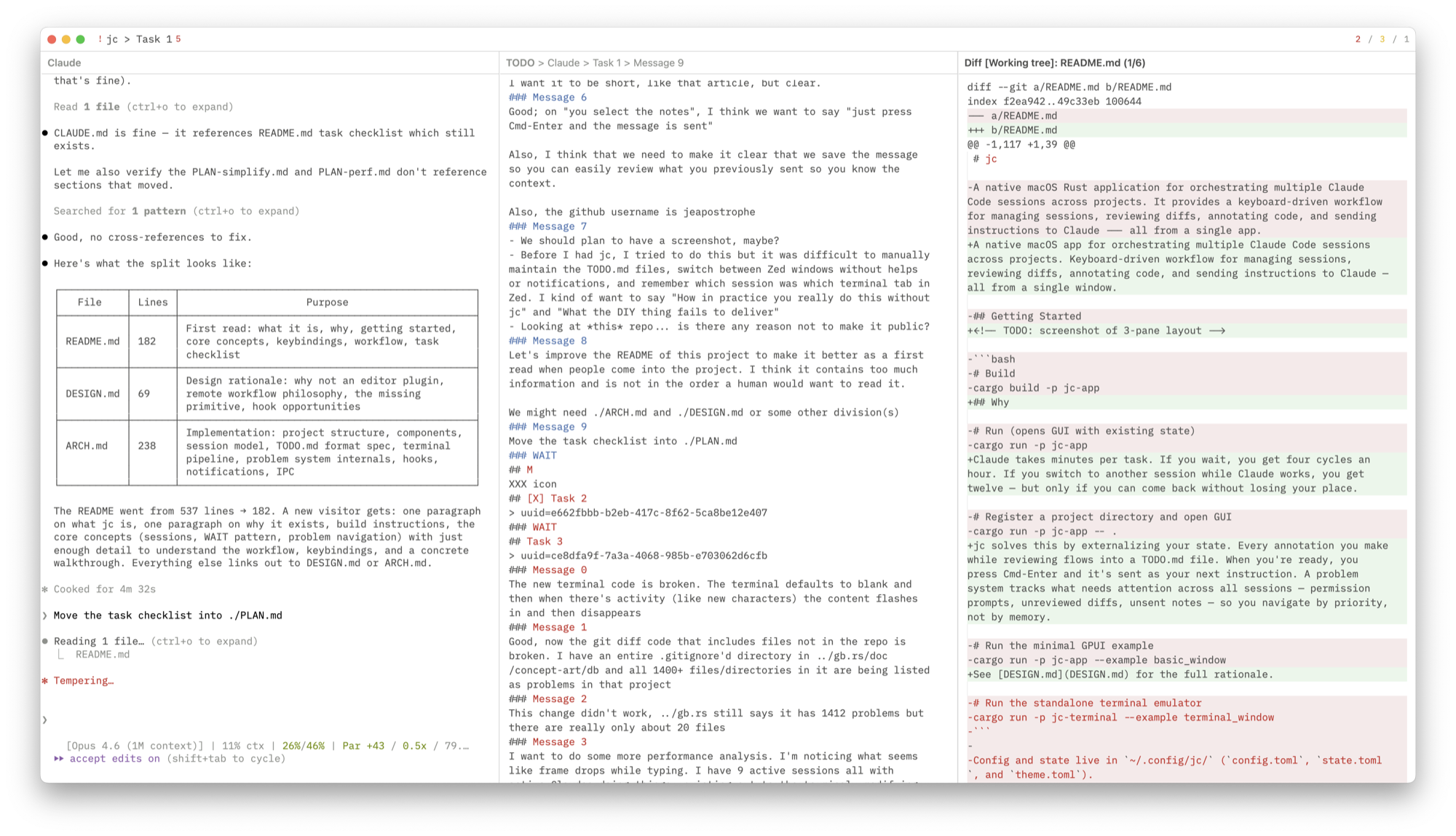 jc screenshot — 3-pane layout with Claude terminal, TODO editor, and diff view