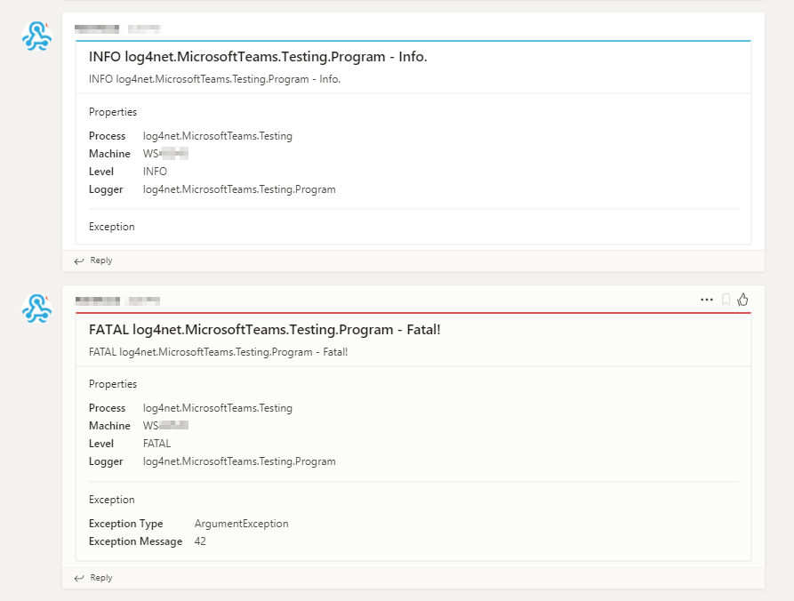 Example log4net.MicrosoftTeams output