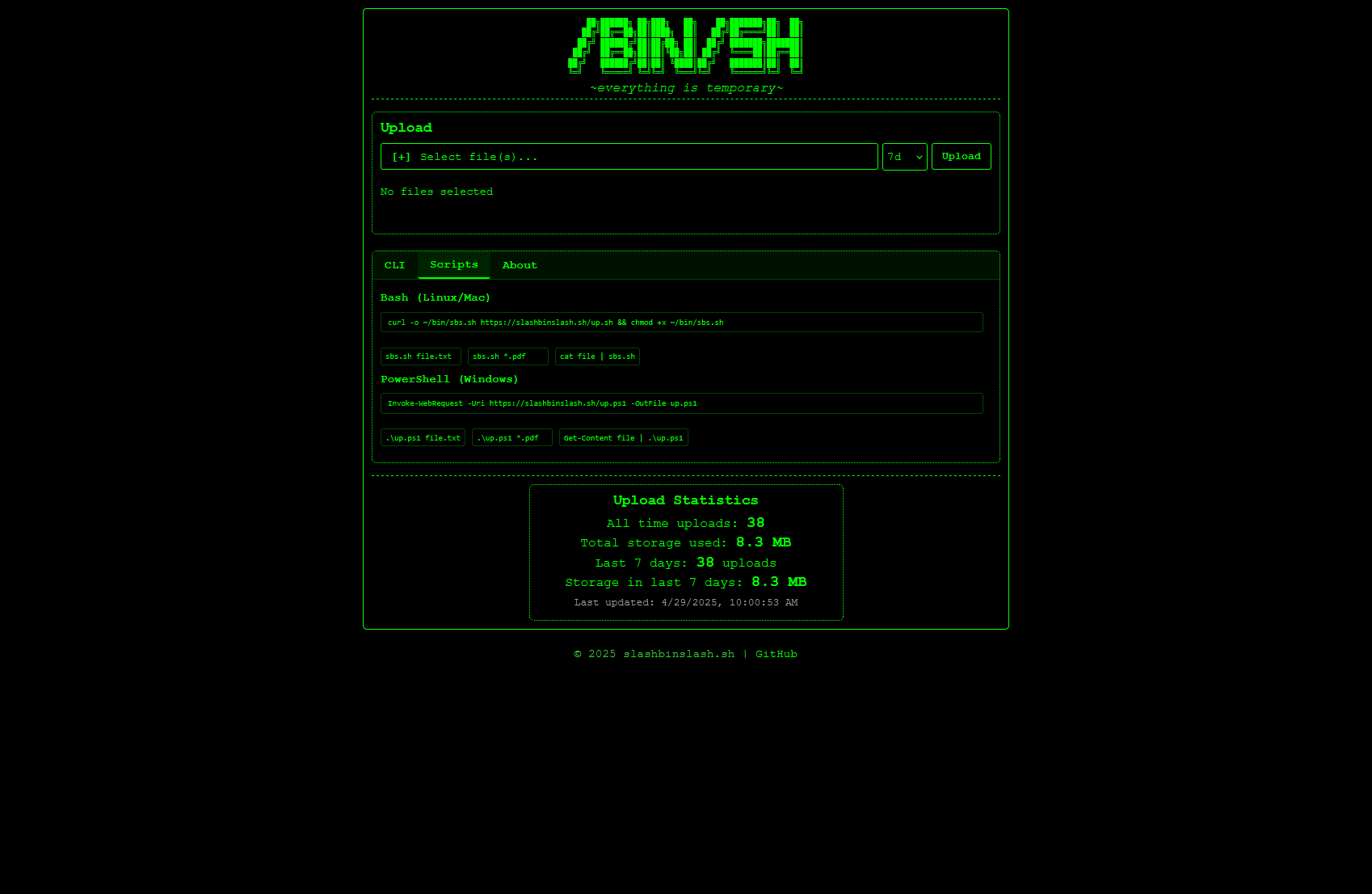 Green and black terminal-themed web UI