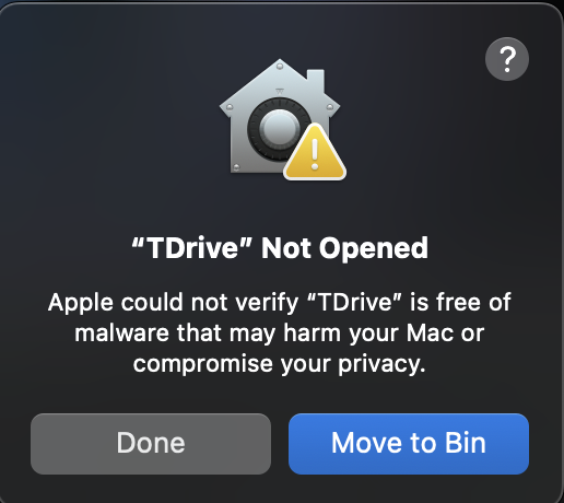 macOS cannot verify the TDrive developer
