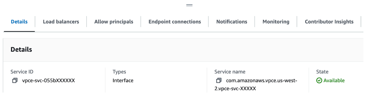 Details page of the selected service endpoint showing the service name