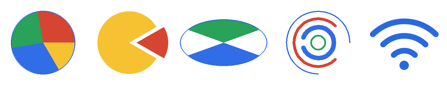 A pie chart, sectors, arcs drawn with pens of several widths and a Wi-Fi icon