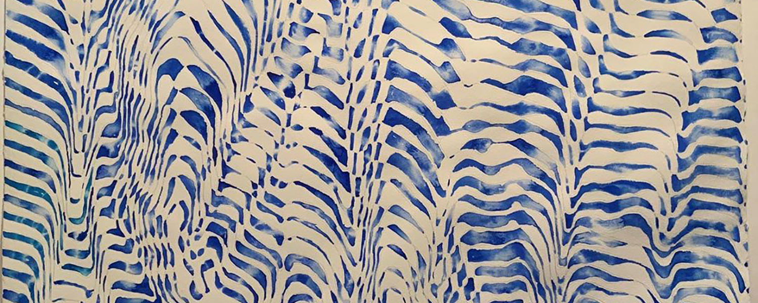 A detail of "Shaehft" by James Sienna, flowing blue ripple patterns made with watercolor on an off-white background