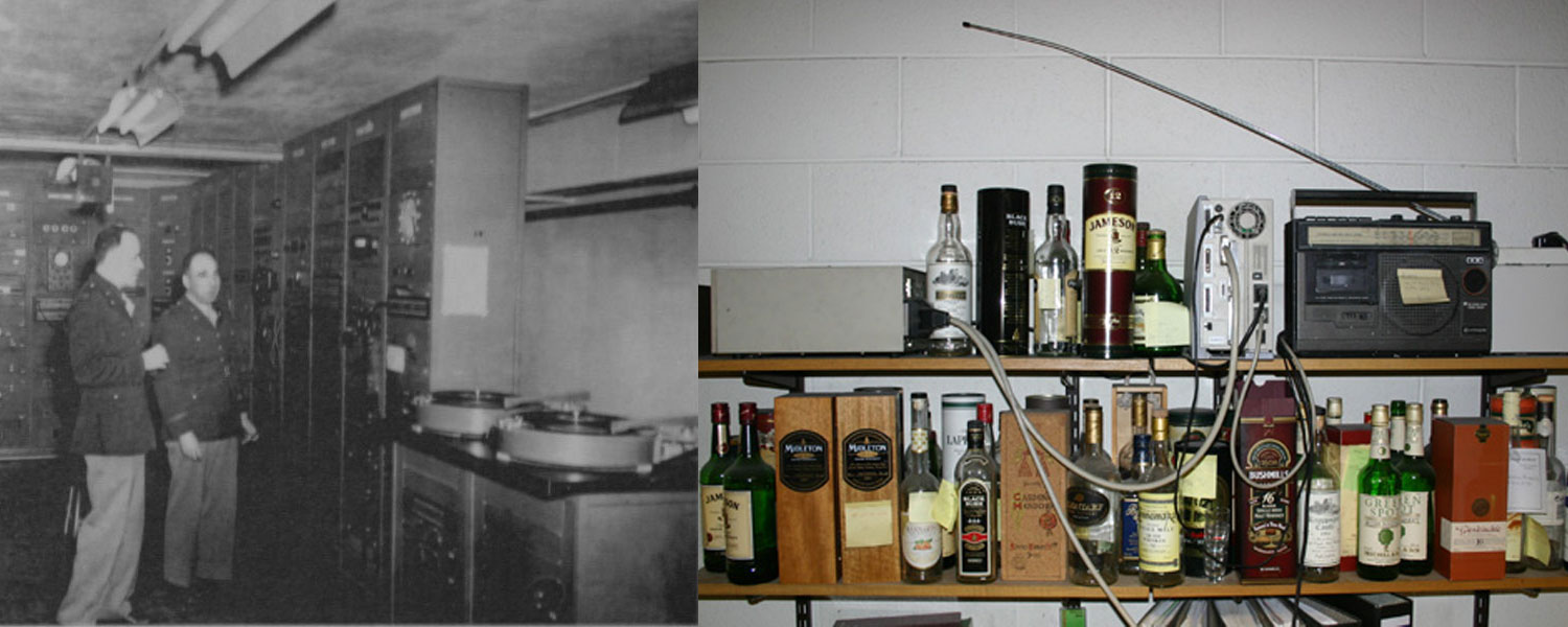 On the left, a black-and-white image of two men in military uniform standing in a room of computer equipment and two very large turntables; on the right, a messy shelf full of liquor bottles, a radio, and electronics equipment