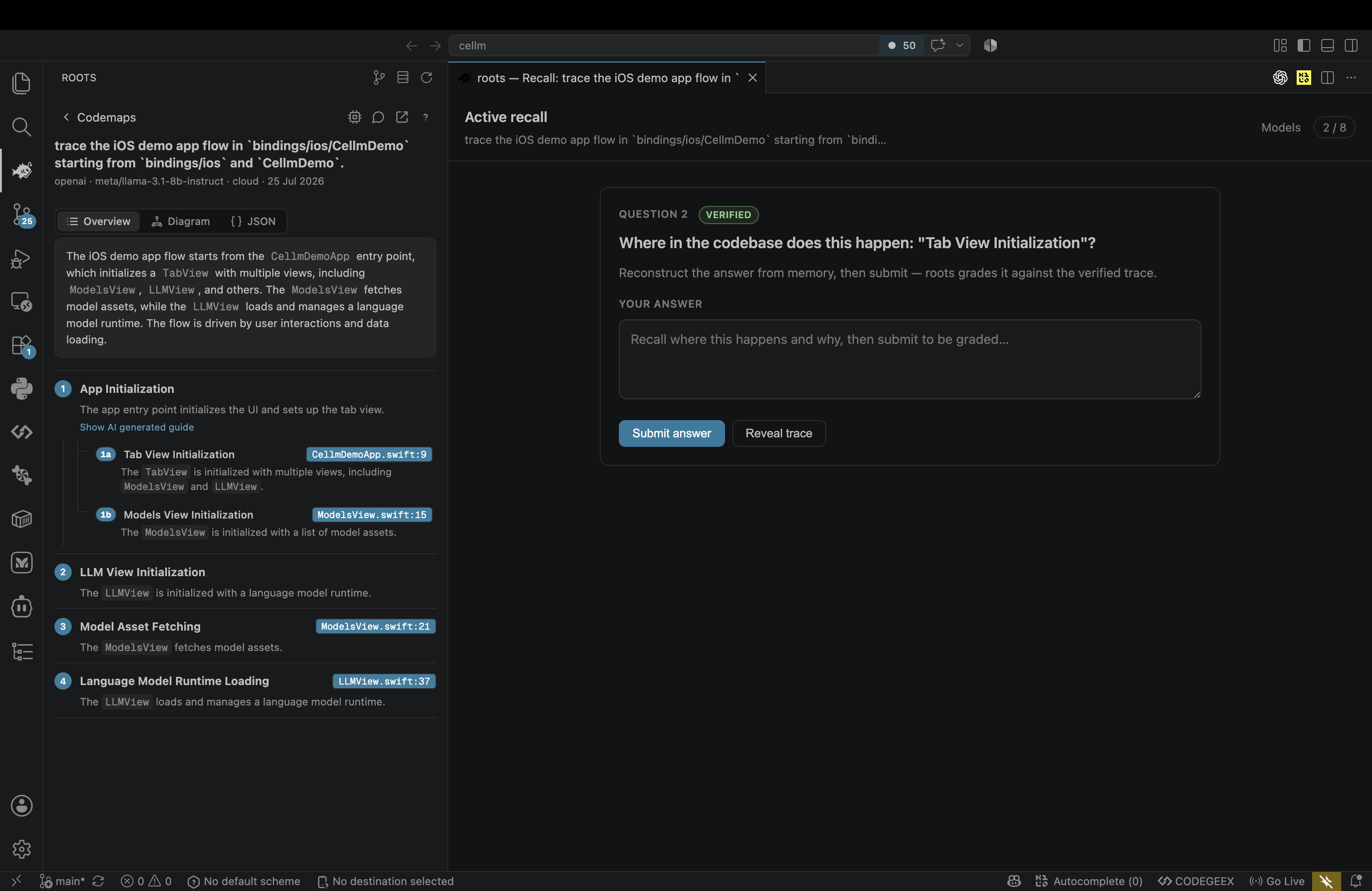 Active recall quiz graded against the verified trace