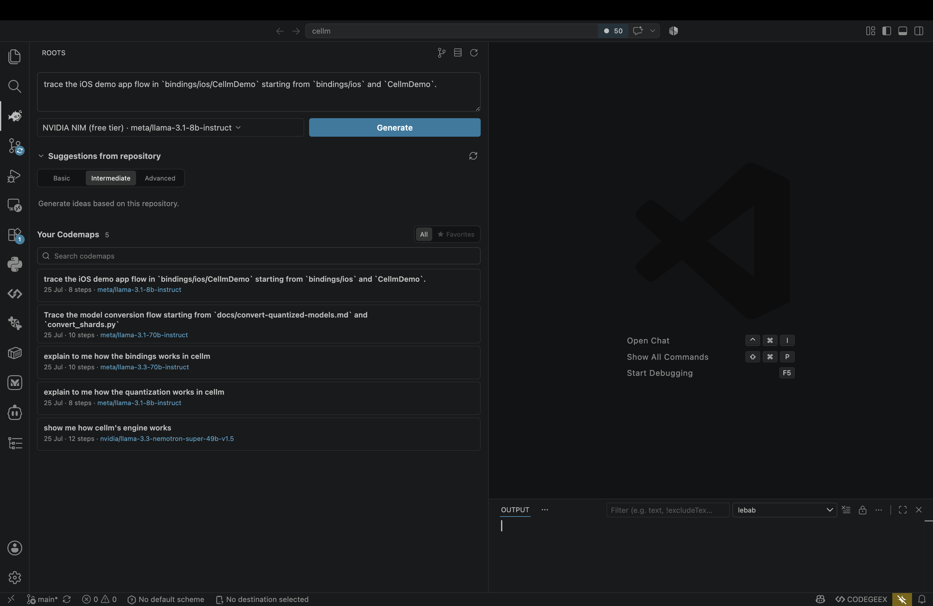 The roots panel — describe a flow, pick a model, and browse your saved codemaps