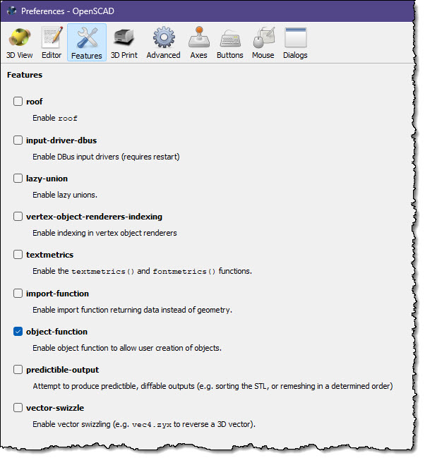 OpenSCAD Features Preferences