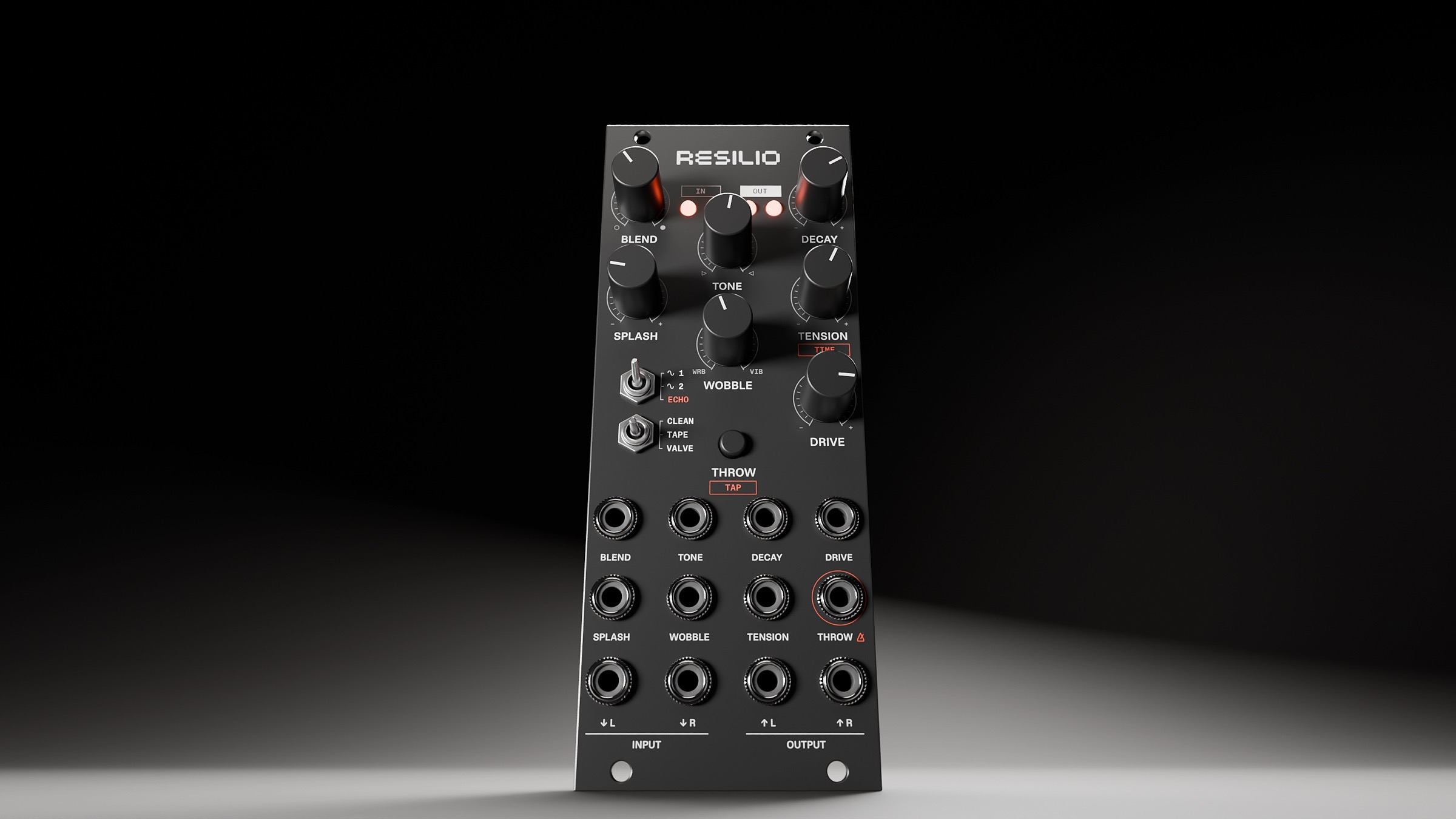 Render of a Versio module with Resilio panel art on a dark stage, showing Blend, Tone, Decay, Splash, Wobble, Tension and Drive knobs, two switches, a Throw button and the jack rows