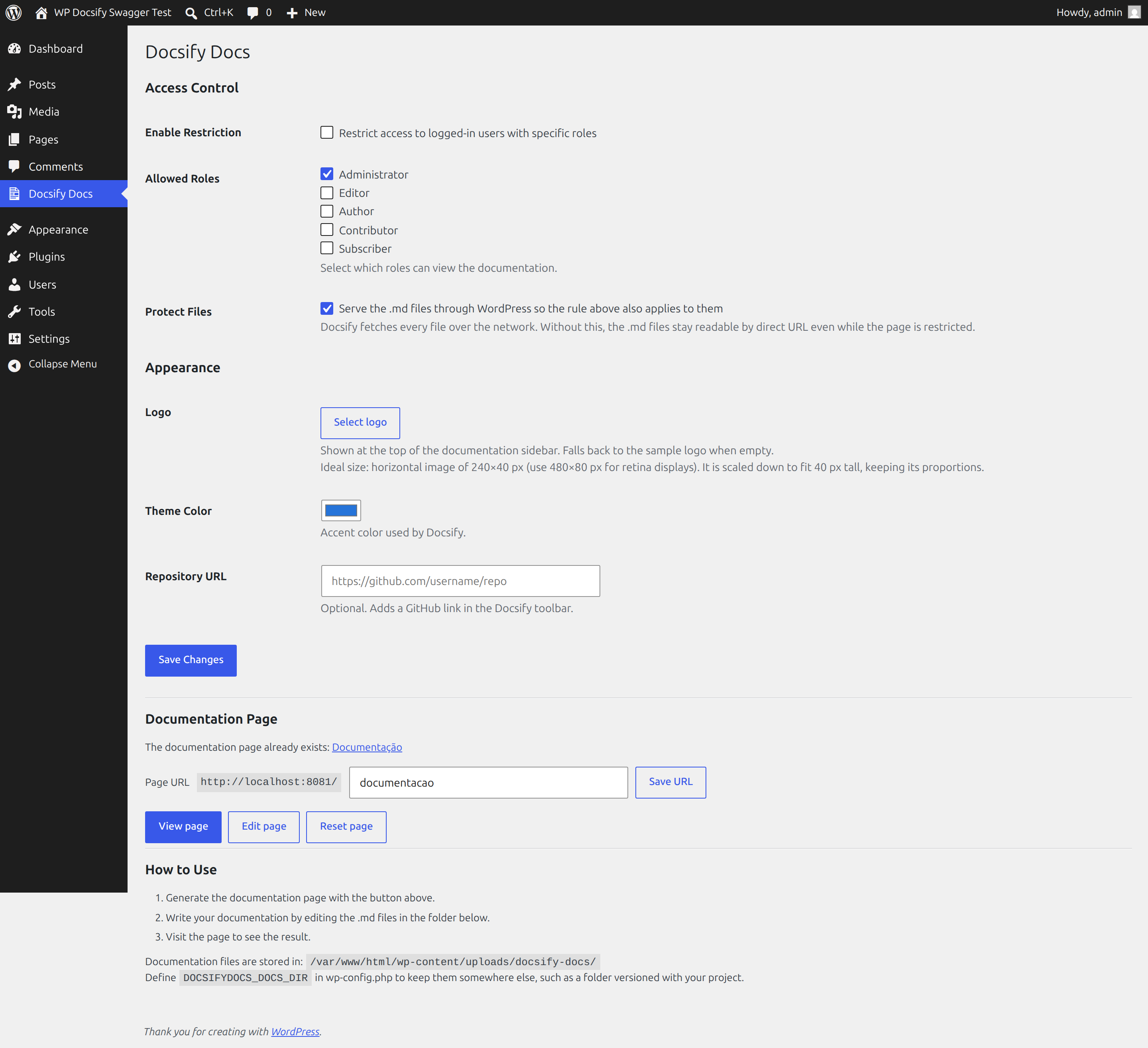 The Docsify Docs settings screen