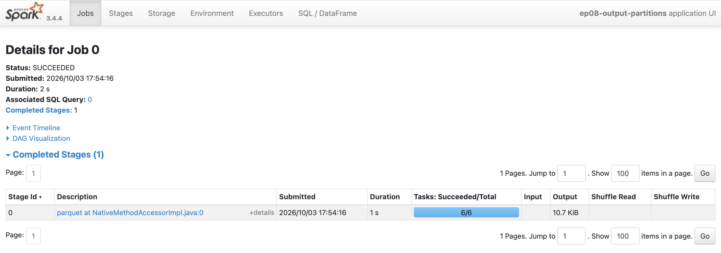 不調整 partition 直接寫出：6 個 write tasks 對應 6 個 Parquet 檔案