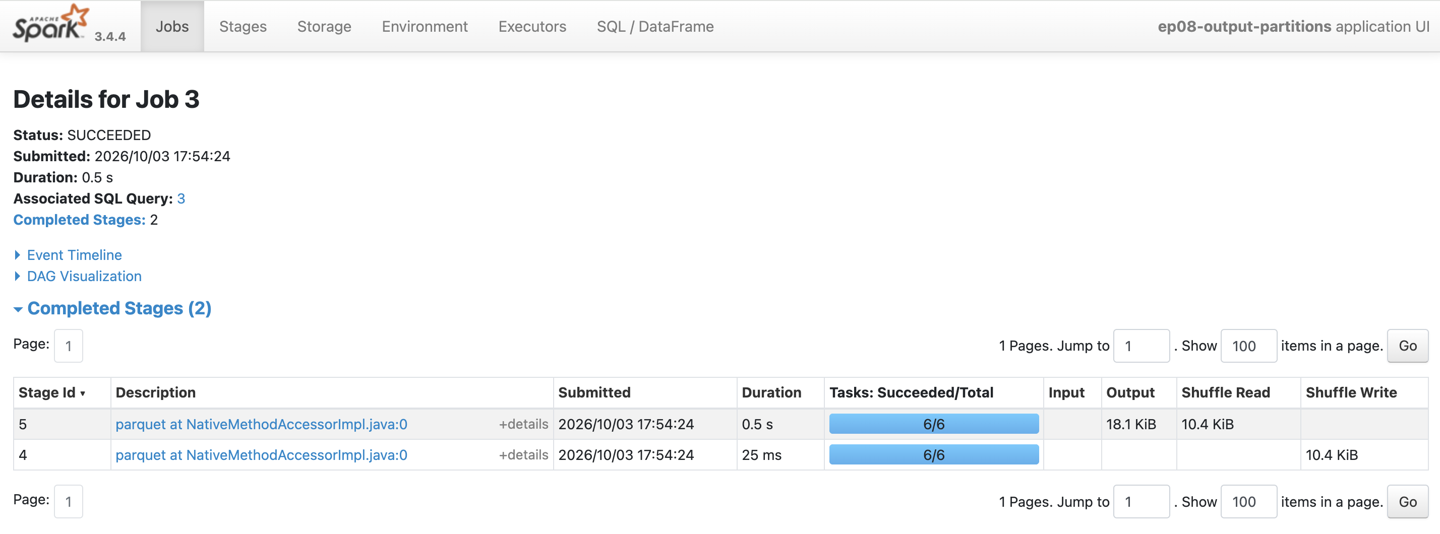 無 key repartition 後 partitionBy：6 個 write tasks 在每個 region 目錄各寫一檔
