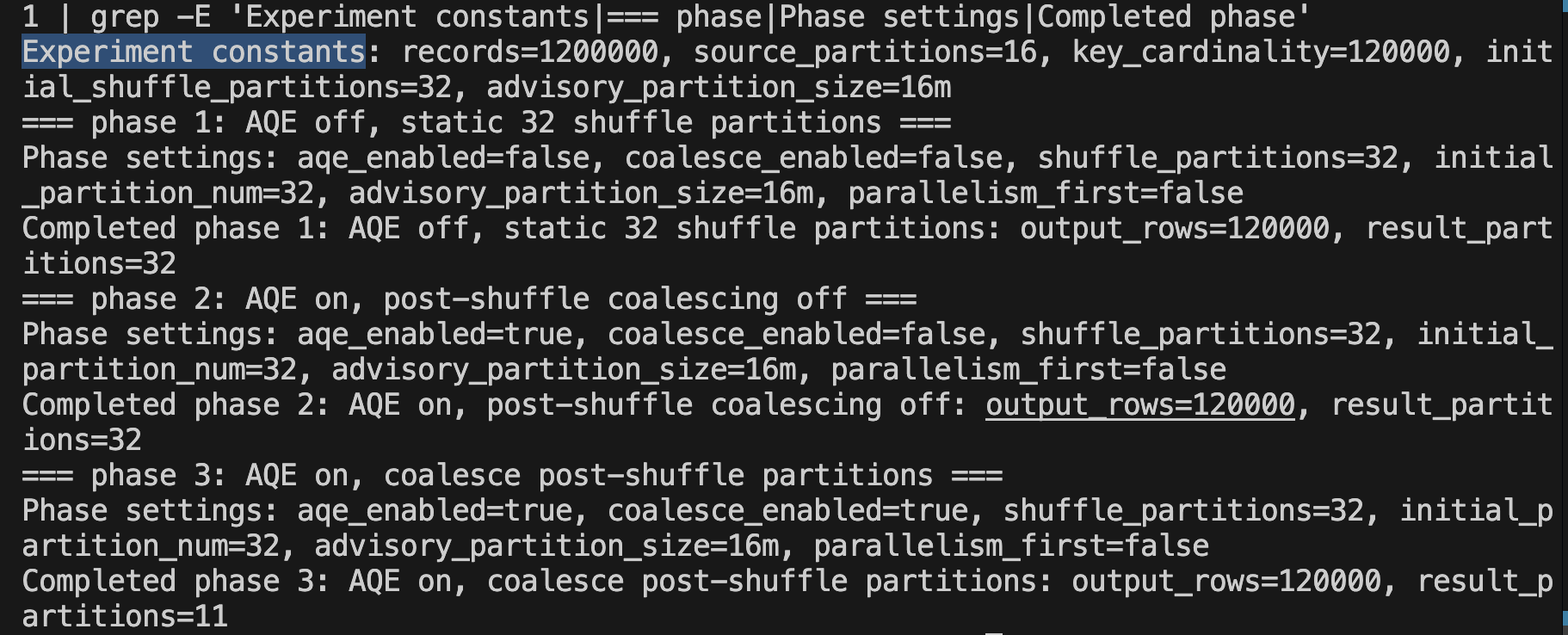 終端機列出三個 phase 的設定與最後 result partitions：32、32、11