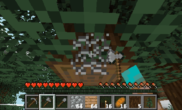 員工螢幕上的 Minecraft 第一人稱畫面：機器人砍樹（方塊出現裂痕、揮動斧頭、木頭數量增加）後走路穿過森林，快捷欄與手持工具都是機器人的真實狀態