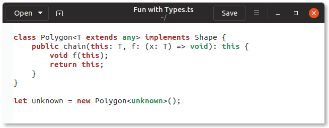 Nonsensical TypeScript code highlighted in gedit