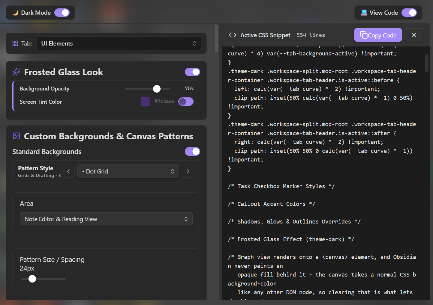 The generated CSS pane with a Copy Code button