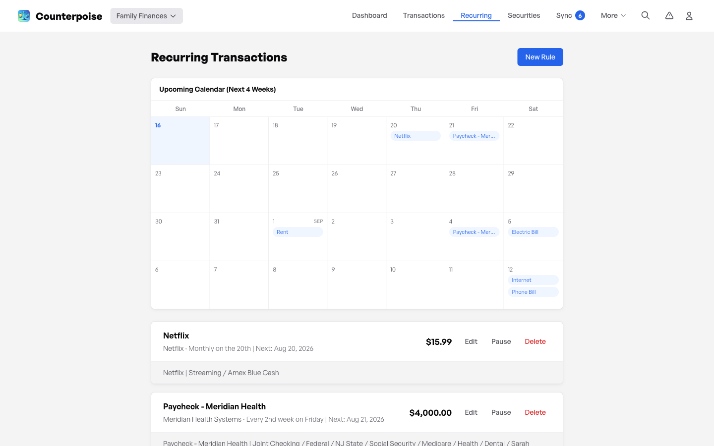 Recurring rules with a four-week upcoming calendar