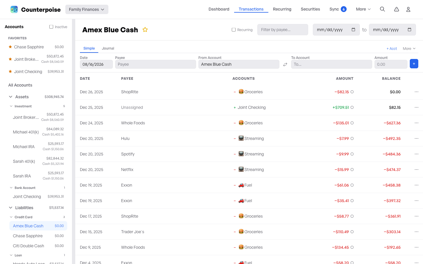A credit card register with running balances and category icons