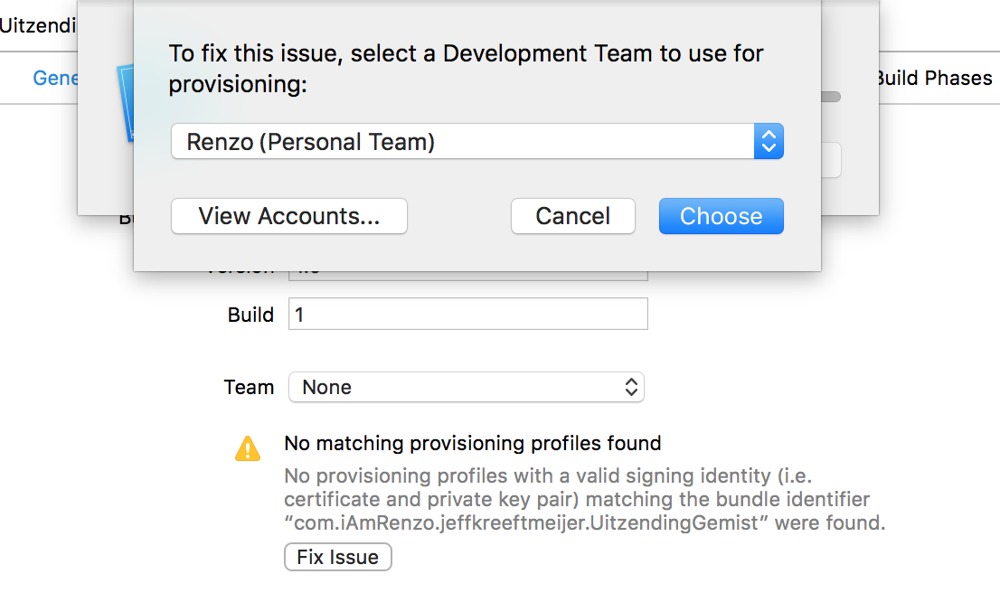 If you see ”No matching provisioning profiles found”, click "Fix Issue" and sign in with your Developer Account.