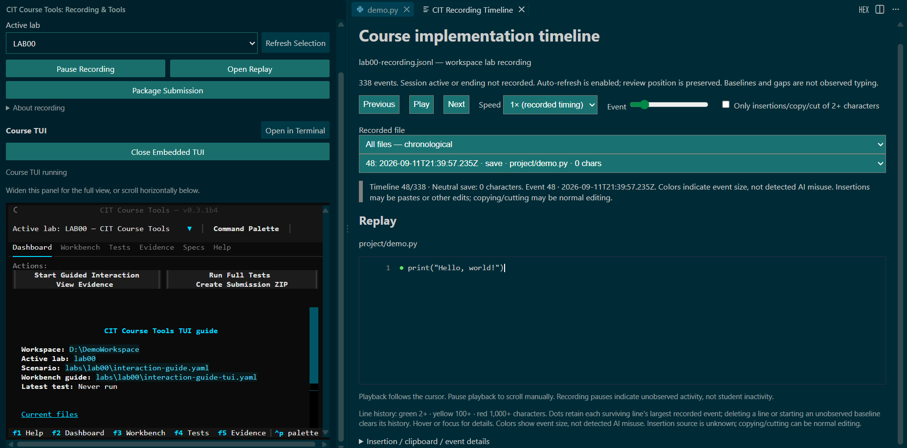 Local recording timeline alongside the embedded course tools