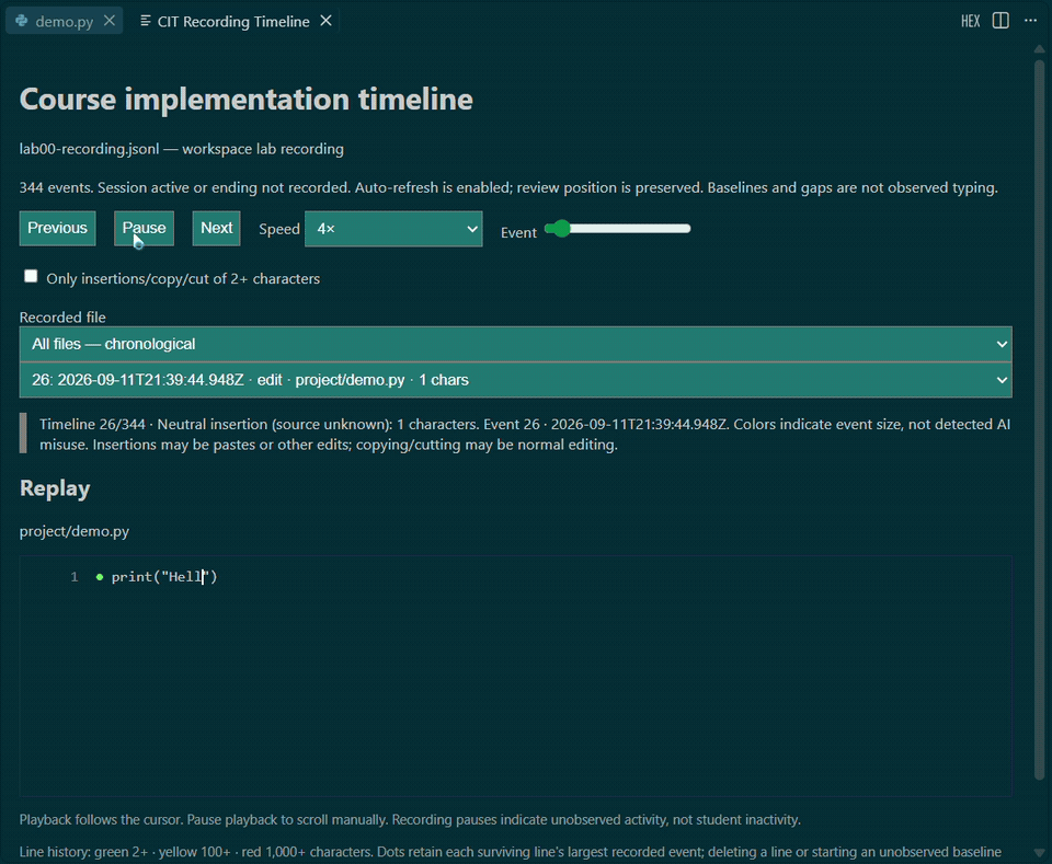 Chronological code replay with cursor and event controls