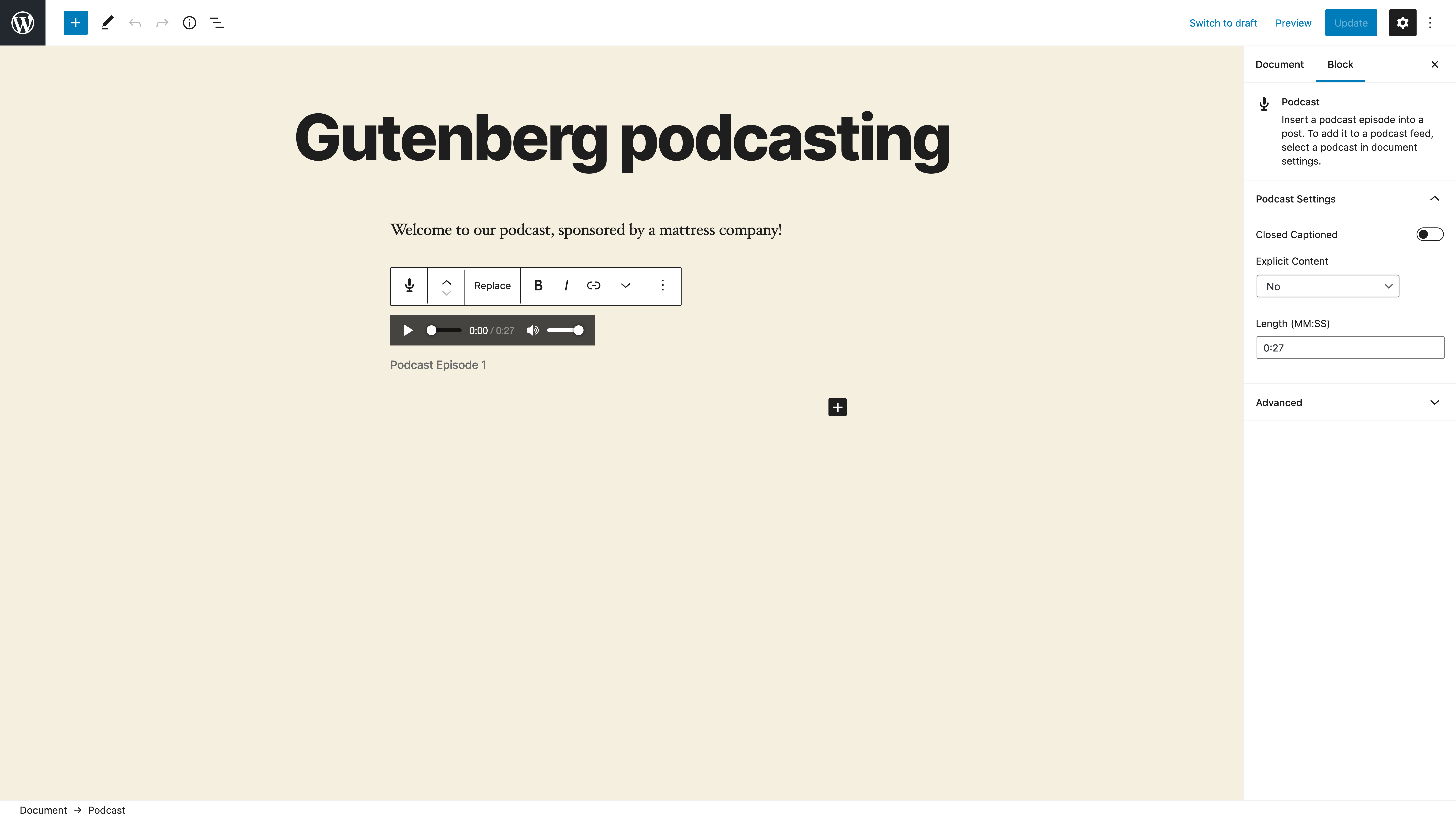 Screenshot of podcast block