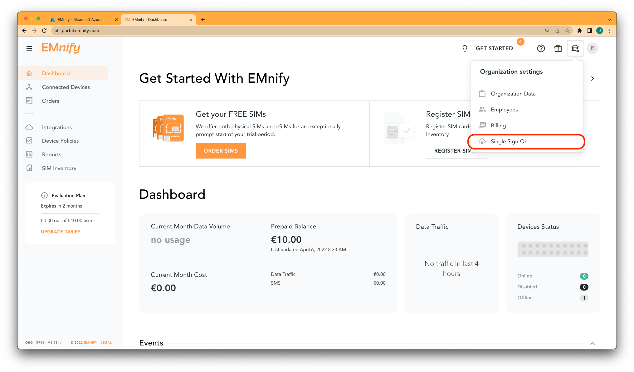 EMnify portal sso settings