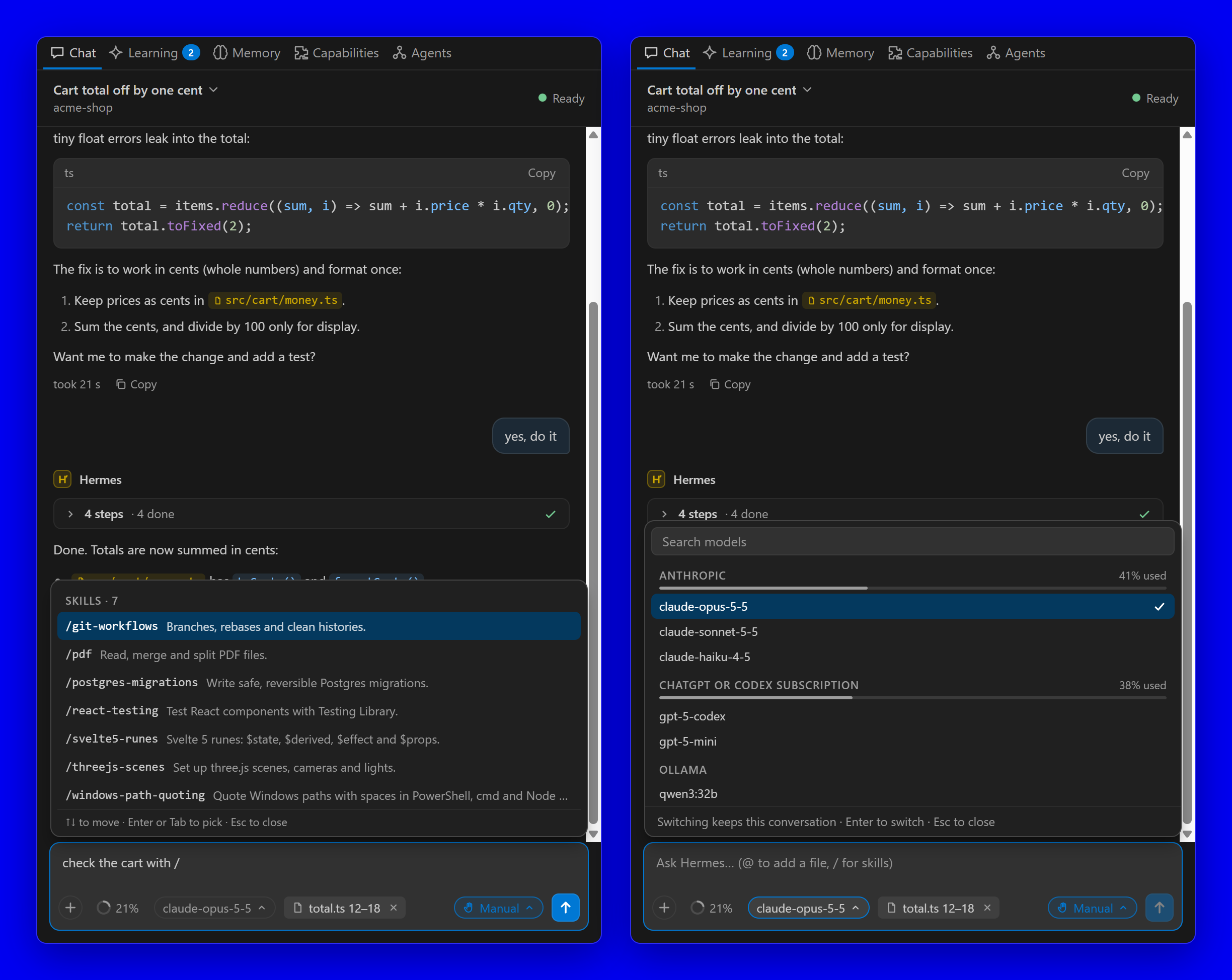 Picking one of Hermes's skills with "/", and choosing a model with its usage