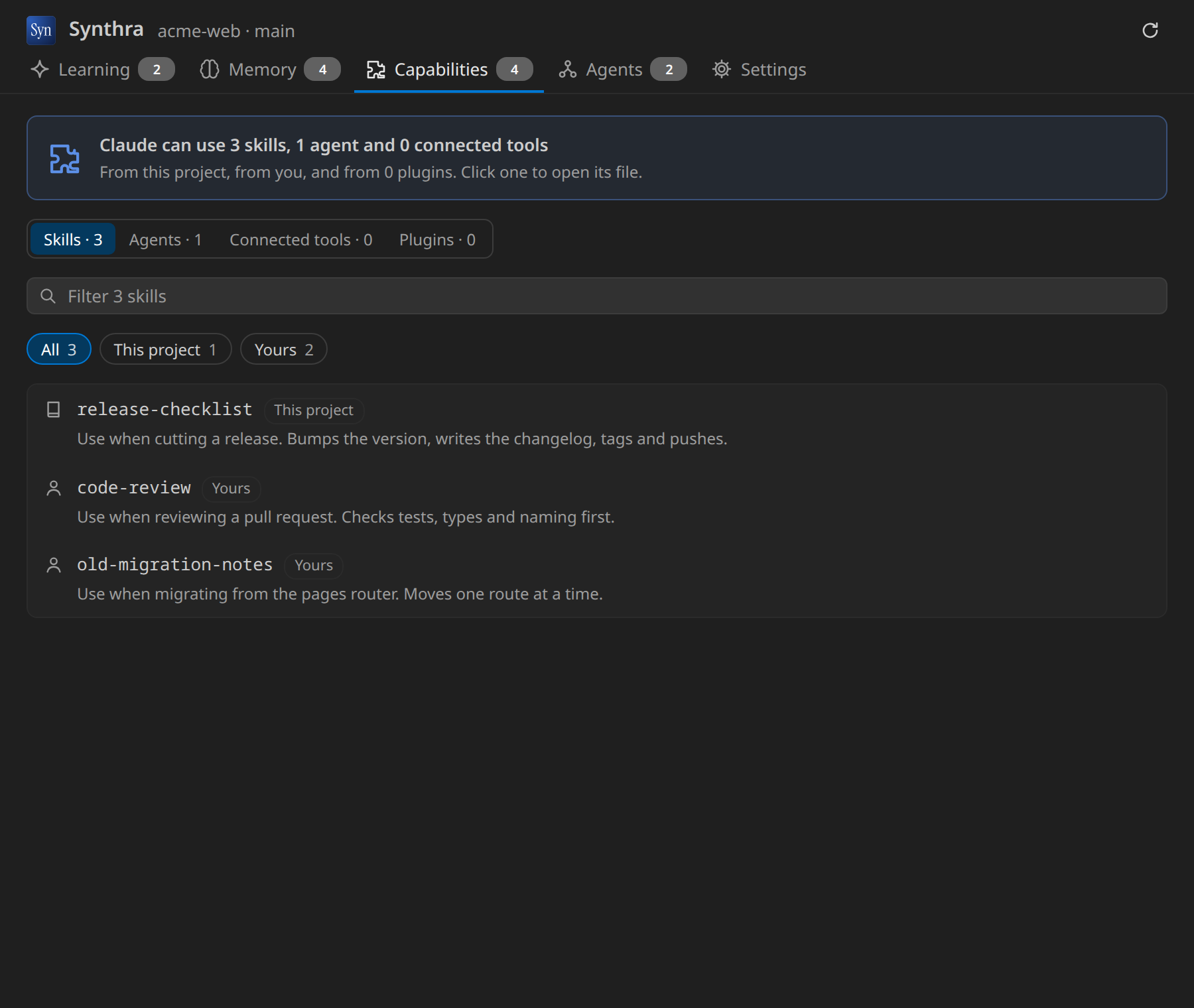 The Capabilities tab: skills, agents, connected tools and plugins, grouped by where they come from