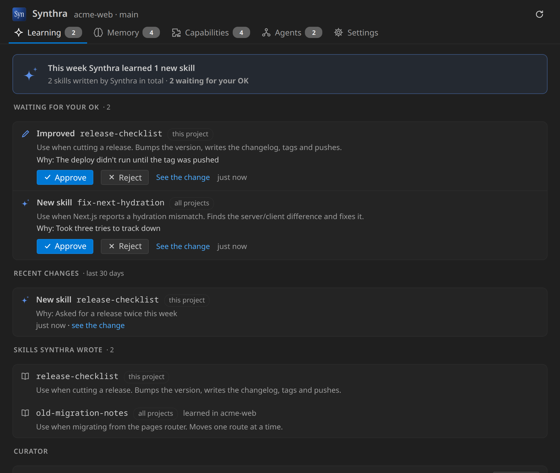 The Learning tab: two skills Claude wrote wait for your OK, with Approve, Reject and See the change