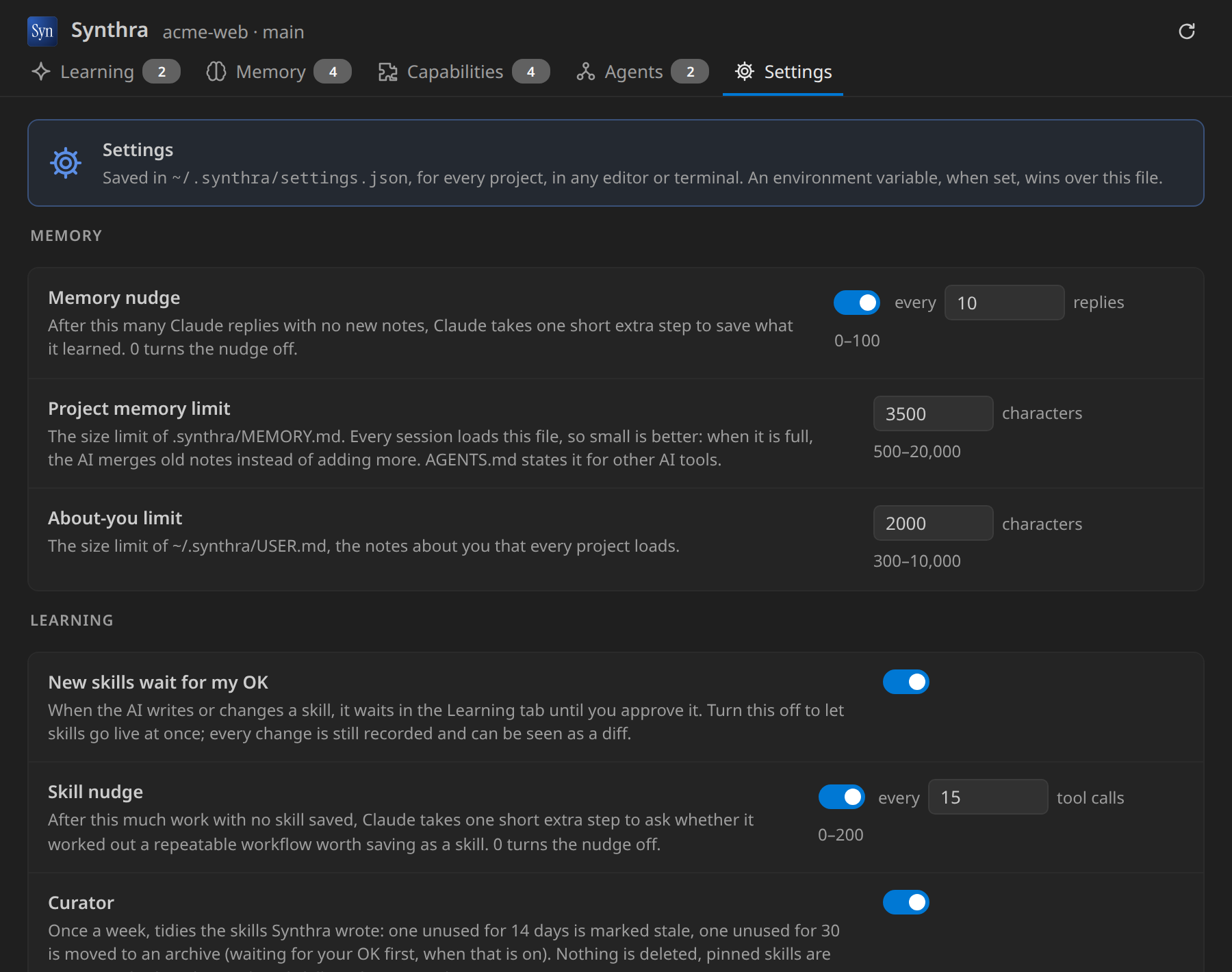 The Settings tab: the memory nudge, memory limits, skill approval, the skill nudge and the Curator