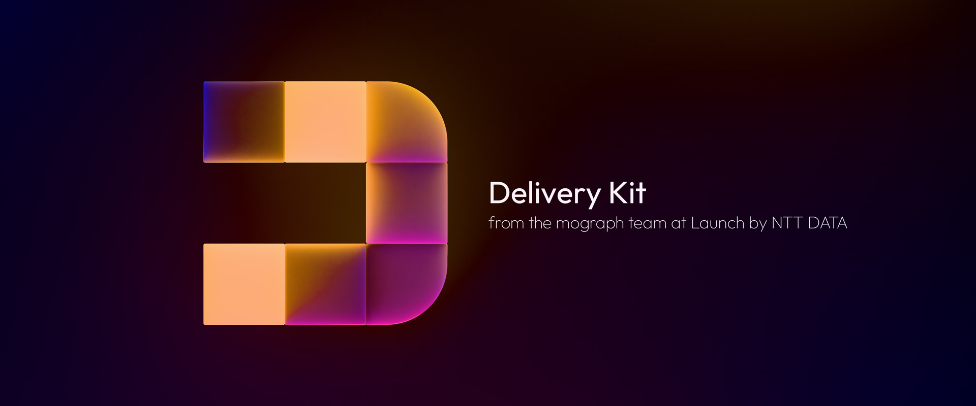 3D render of an abstract D-shaped logo made up of blocks with some rounded corners in soft yellow-oranges and purple, text in the image reads Delivery Kit from the Mograph team at Launch by NTT DATA