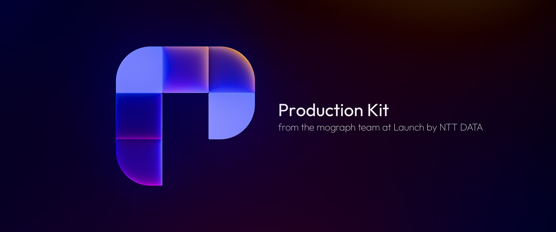 3D render of an abstract P-shaped logo made up of blocks with some rounded corners in soft blues, text in the image reads Production Kit from the Mograph team at Launch by NTT DATA