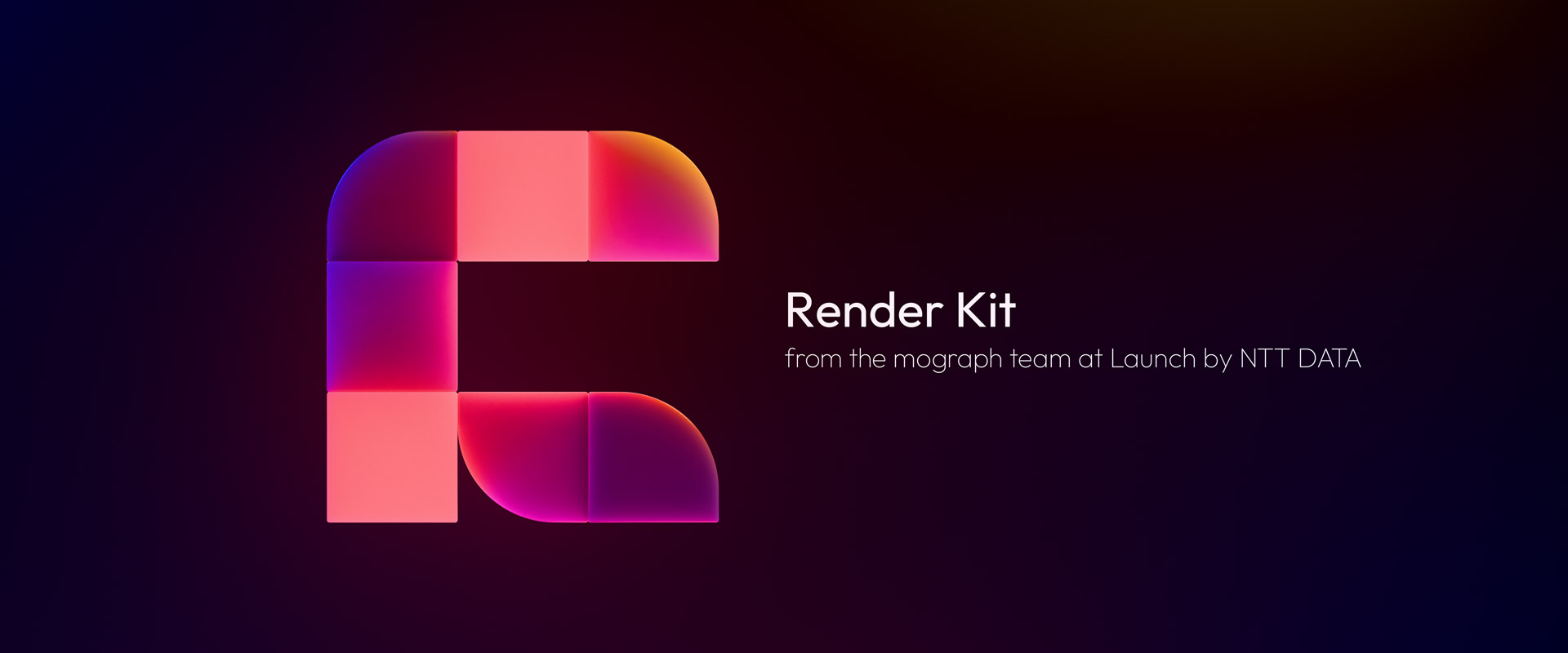 3D render of an abstract R-shaped logo made up of blocks with some rounded corners in soft reds and oranges, text in the image reads Render Kit from the Mograph team at Launch by NTT DATA