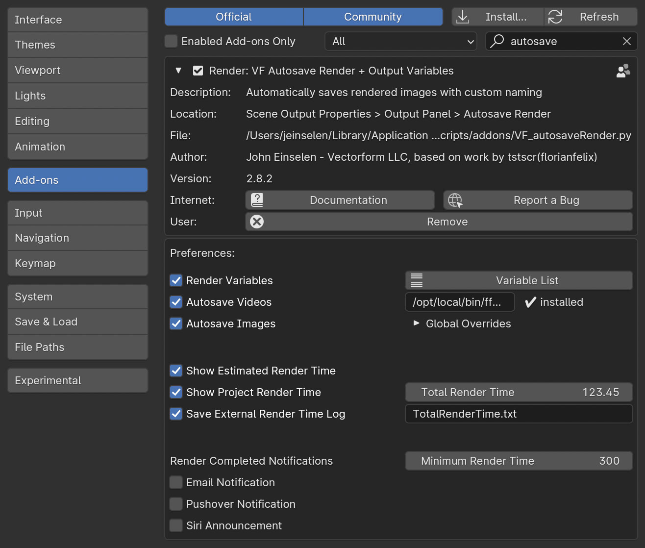 screenshot of the add-on's user preferences in the Blender Preferences Add-ons panel